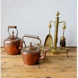 TWO VICTORIAN COPPER KETTLES, BRASS COMPANION SET AND TRIVET