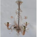 A MURANO ORNATE GLASS CHANDELIER WITH A PINK TINGE, 66cm high