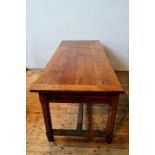 A 19TH CENTURY FRENCH OAK FARMHOUSE TABLE WITH 3 DRAWERS, on turned legs supported be a stretcher