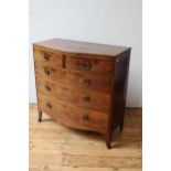 A GEORGE III MAHOGANY BOW-FRONT CHEST OF FIVE DRAWERS ON SPLAYED BRACKET FEET, two short drawers