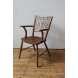 AN UNUSUAL ELM AND FRUIT WOOD SPINDLE BACK FARMHOUSE CHAIR, 84 x 41cms