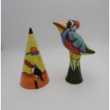 A SIGNED LORNA BAILEY CONICAL SUGAR SIFTER AND BIRD DECORATED VASE, the conical vase decorated