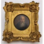 AN EARLY 19th CENTURY FRAMED PORTRAIT OIL PAINTING ON WOODEN PANEL OF BEARDED GENTLEMAN, 8cm dia