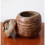 A CARVED BAMBOO TRINKET POT, WITH LID, 16cm high