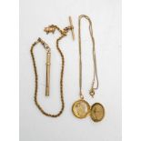 A 9CT GOLD PROPELLING TOOTHPICK AND CHAIN WITH GOLD PIG CHARM AND A 9CT GOLD LOCKET WITH CHAIN, 18g