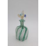 A MURANO GLASS GREEN AND WHITE STRIPED BOTTLE WITH ASSOCIATED FLORAL DECORATED STOPPER, 18cm high
