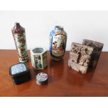 TWO FAMILE ROSE VASES, HEAXAGONAL BRUSH POT, A PAIR OF SOAPSTONE BOOKENDS AND TWO TRINKET POTS,