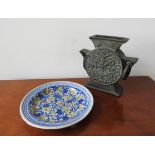 A CONTINENTAL 19TH CENTURY LUSTRE GLAZE FLORAL PATTERN PLATE AND A POTTERY MOONFLASK STYLE VASE, the