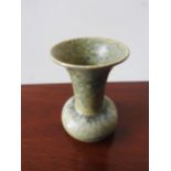 A RUSKIN POTTERY SOUFFLE MOTTLE GLAZE BOLSTER VASE WITH FLARED OPENING, 16cm high