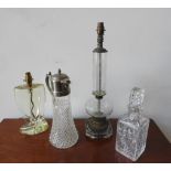 A VINTAGE ETCHED GLASS TABLE LAMP, CONTEMPORARY GLASS TABLE LAMP, CLARET JUG AND DECANTER, the