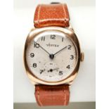 VERTEX 9CT GOLD MANS WRISTWATCH, c1940s, with later brown leather strap. PROVENANCE: The