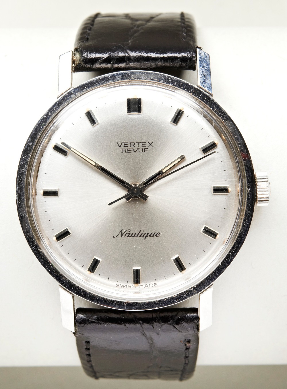 VERTEX REVUE NAUTIQUE STEEL WATCH, c1960s, with baton numerals and silvered dial and later leather