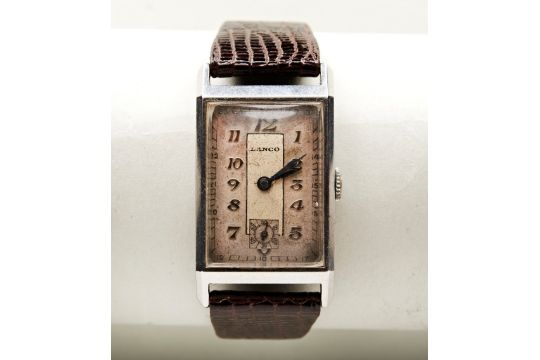 LANCO ART DECO MANUAL WIND STEEL TANK WRISTWATCH, with two-tone dial, raised Arabic gold numerals, - Image 1 of 3