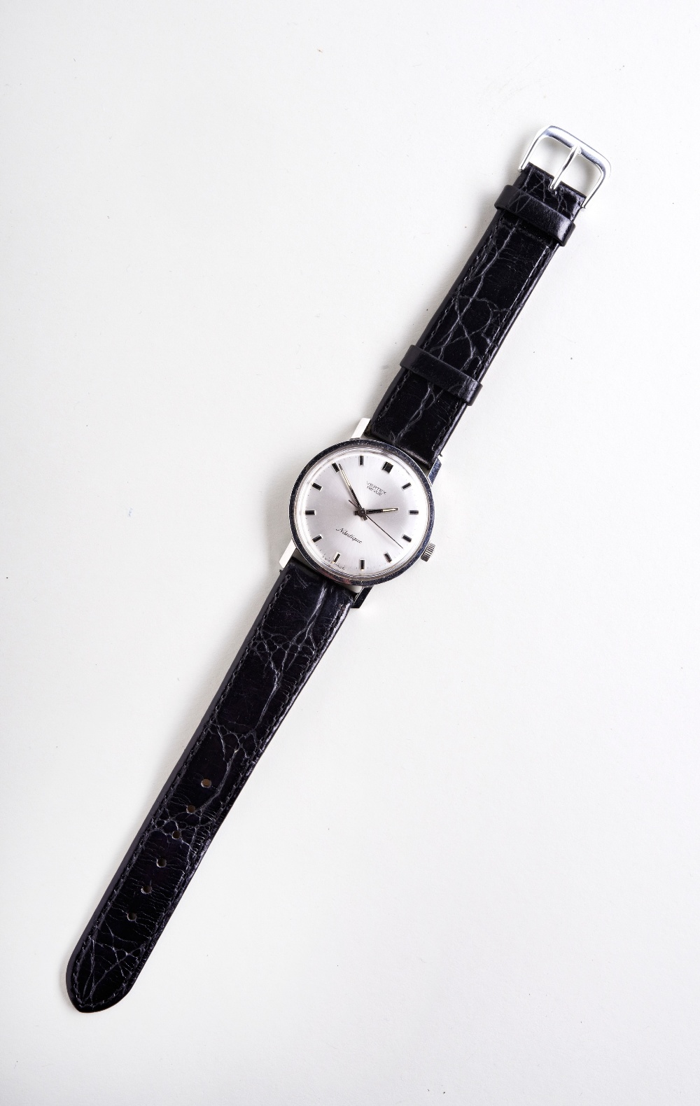 VERTEX REVUE NAUTIQUE STEEL WATCH, c1960s, with baton numerals and silvered dial and later leather - Image 2 of 3
