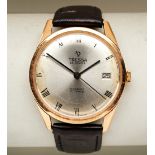 TRESSA 18CT GENTS MANUAL WIND DRESS WATCH, with Roman numerals and date window, engraved on the