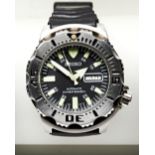 SEIKO 'BLACK MONSTER' STEEL AUTOMATIC DIVERS WATCH, with day/date and luminous dial markers, plastic