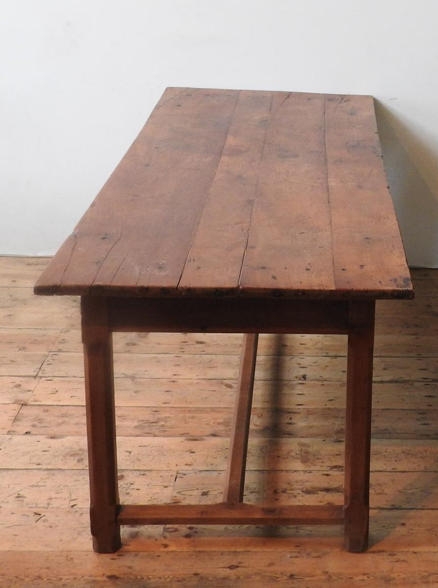 A 19TH CENTURY FRENCH FRUITWOOD FARMHOUSE TABLE WITH TWO DRAWERS, on a stretcher bar base, 72 x 82 x - Image 2 of 2