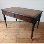 A 20TH CENTURY MAHOGANY REGENCY STYLE LIBRARY TABLE, with leather top, the legs carved with tulip
