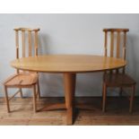 A CONTEMPORARY BEECH WOOD OVAL DINING TABLE AND TWO PAIRS OF HIGH BACK CHAIRS, the oval table top