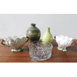 A PAIR OF SYLVAC LOTUS FLOWER BOWLS, POOLE POTTERY VASE, CUT GLASS BOWL AND PAPER WEIGHTS, and a