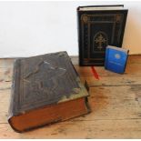 VICTORIAN LEATHER AND BRASS BOUND FAMILY BIBLE AND MODERN BOUND HOLY BIBLE, and a bible dictionary
