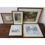A SIGNED ARCHIBALD THORBURN PRINT OF PARTRIDGES, THREE ORNITHOLOGICAL PRINTS AND WATER COLOUR, the