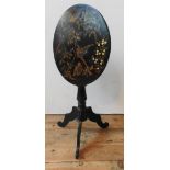 A VICTORIAN JAPANNED TILT TOP TRIPOD TABLE, 75 cm high x 57 cm dia, with foliate and bird painted