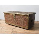 A MIDDLE EASTERN BRASS STUDDED BLANKET CHEST, with moon and star decoration, with two handles 47 x