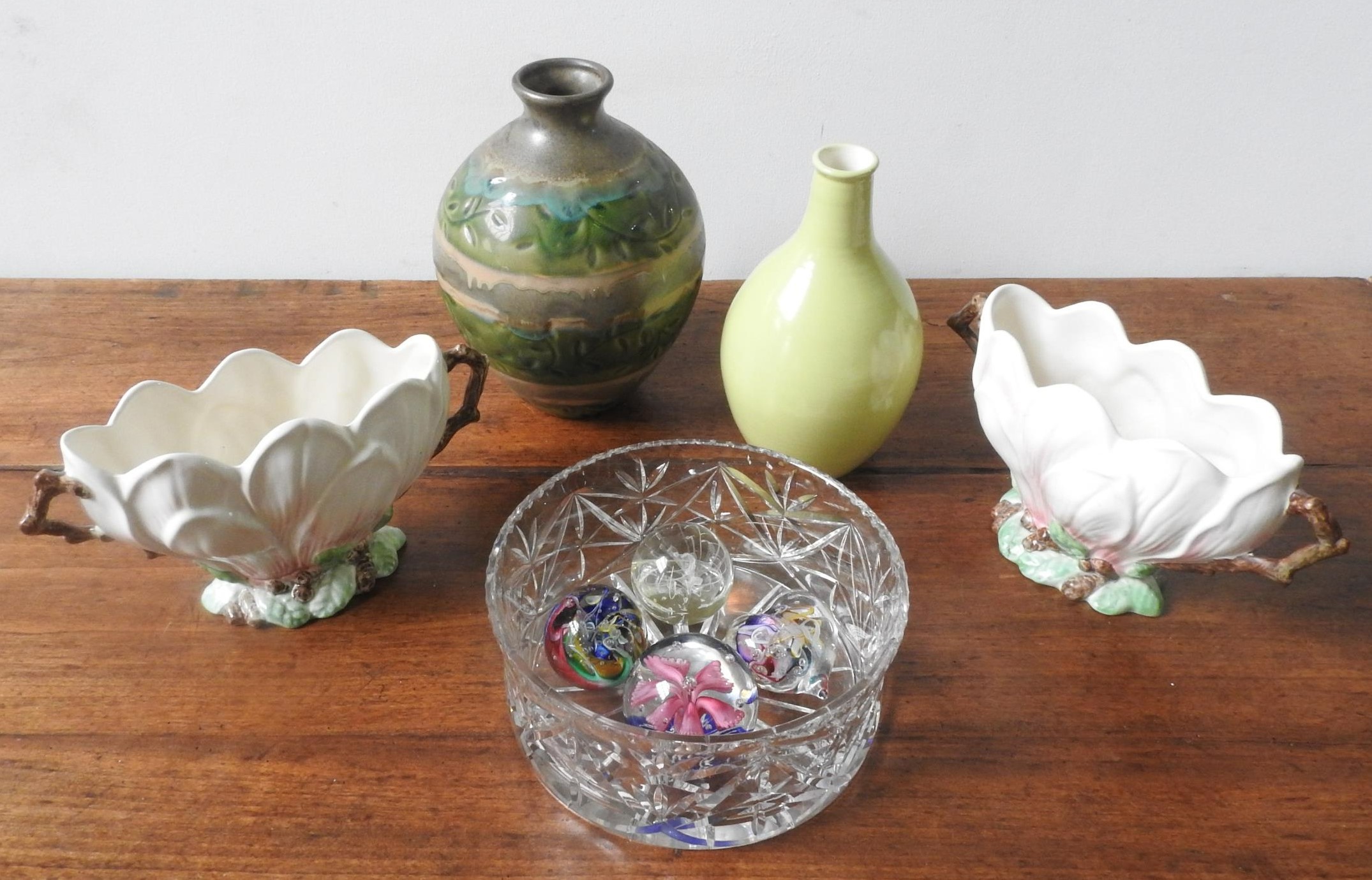 A PAIR OF SYLVAC LOTUS FLOWER BOWLS, POOLE POTTERY VASE, CUT GLASS BOWL AND PAPER WEIGHTS, and a - Image 2 of 3