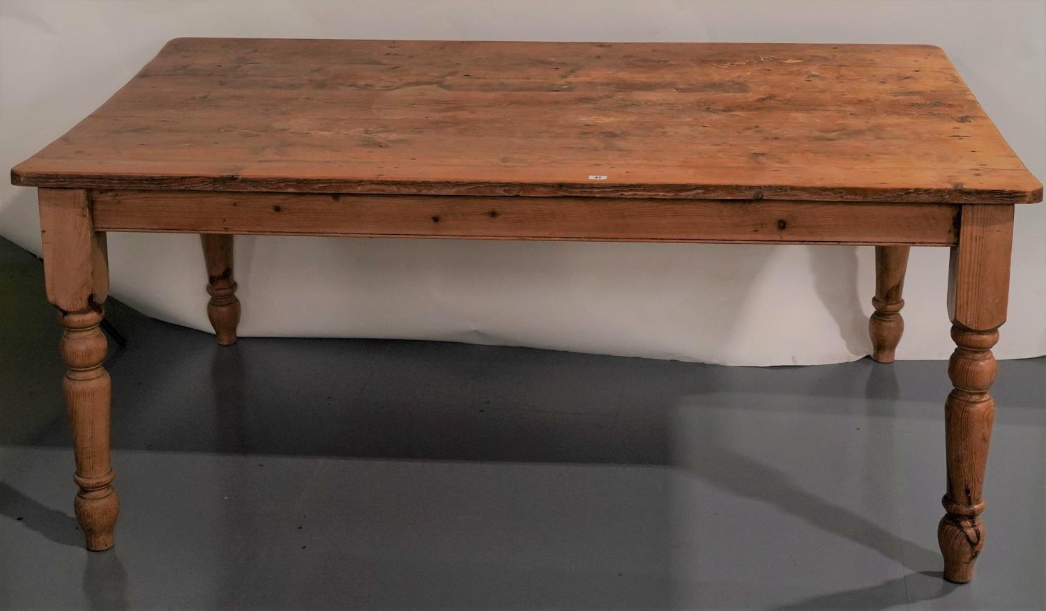 A MODERN STRIPPED PINE VICTORIAN STYLE FARMHOUSE TABLE.  78 x 102 x 182 cms