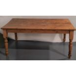 A MODERN STRIPPED PINE VICTORIAN STYLE FARMHOUSE TABLE.  78 x 102 x 182 cms