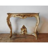 A 19TH CENTURY MARBLE TOP ROCOCO STYLE CONSOLE TABLE, the bevelled marble top sitting on a cream