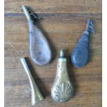 A 19TH CENTURY BRASS SHOT FLASK, TWO LEATHER SHOT FLASKS AND A 20TH CENTURY HUNTING HORN, the