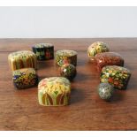 EIGHT PAINTED PAPIER MACHE TRINKET BOXES AND TWO EGG ORNAMENTS