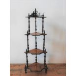 A VICTORIAN WALNUT 4-TIER MARQUETRY INLAID CORNER WHATNOT, 140cm high, with twist supports and