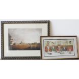 4 COLOUR LITHOGRAPHS OF STATELY HOME, WOODLAND SCENE, GIRL WITH PIGS AND CARTOON HUNTING