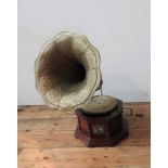 AN OCTAGONAL SHAPE 20TH CENTURY GRAMOPHONE WITH HORN, with winding handle,  the horn embossed with