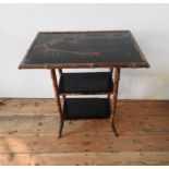 A VICTORIAN LACQUERED BAMBOO THREE TIER OCCASIONAL TABLE, 73 x 65 x 45 cm