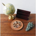 A HARD STONE SOLITAIRE SET, DESK GLOBE, LETTER RACK AND ORNAMENTAL HARDSTONE BUNCH OF GRAPES