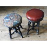 TWO VICTORIAN ADJUSTABLE CIRCULAR PIANO STOOLS, both on ornate turned oak bases, 25cm dia and