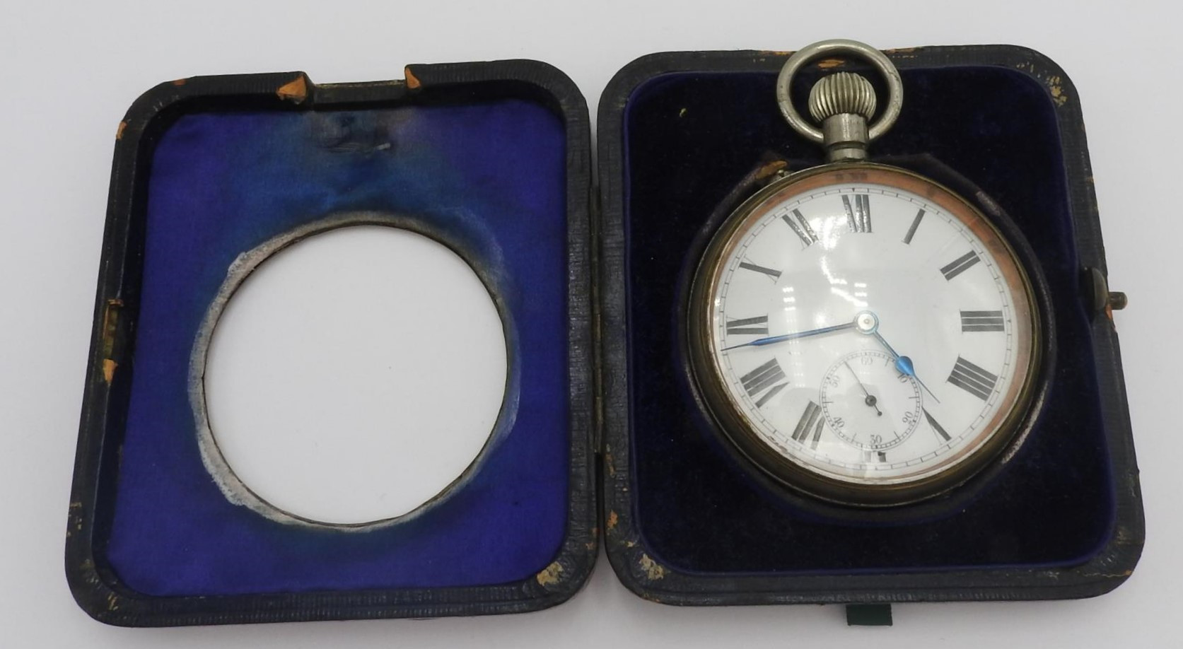 A SILVER PLATED GOLIATH POCKET WATCH IN A HALLMARK SILVER FRONTED TRAVEL CASE, the silver case - Image 3 of 4