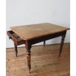 A VICTORIAN RUSTIC PINE TURNED LEG SCULLERY TABLE WITH CUTLERY DRAWER, 74 x 106 x 71cm