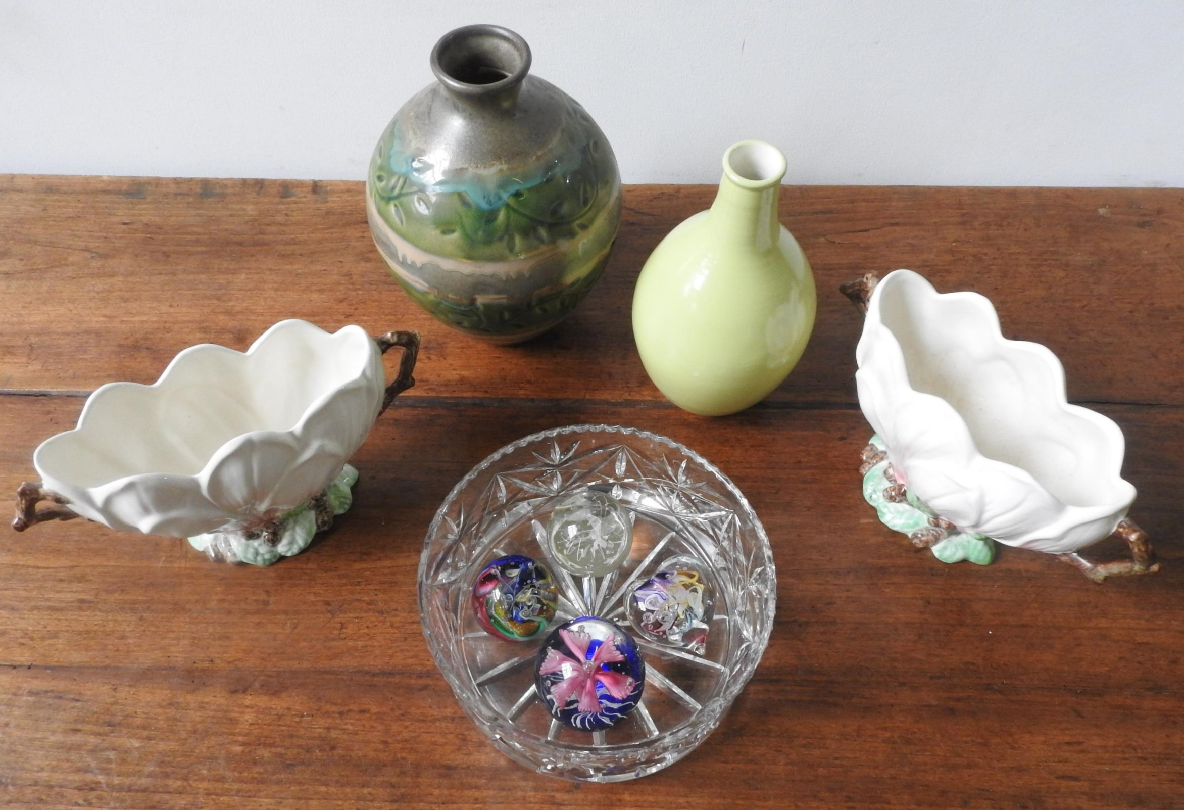 A PAIR OF SYLVAC LOTUS FLOWER BOWLS, POOLE POTTERY VASE, CUT GLASS BOWL AND PAPER WEIGHTS, and a - Image 3 of 3