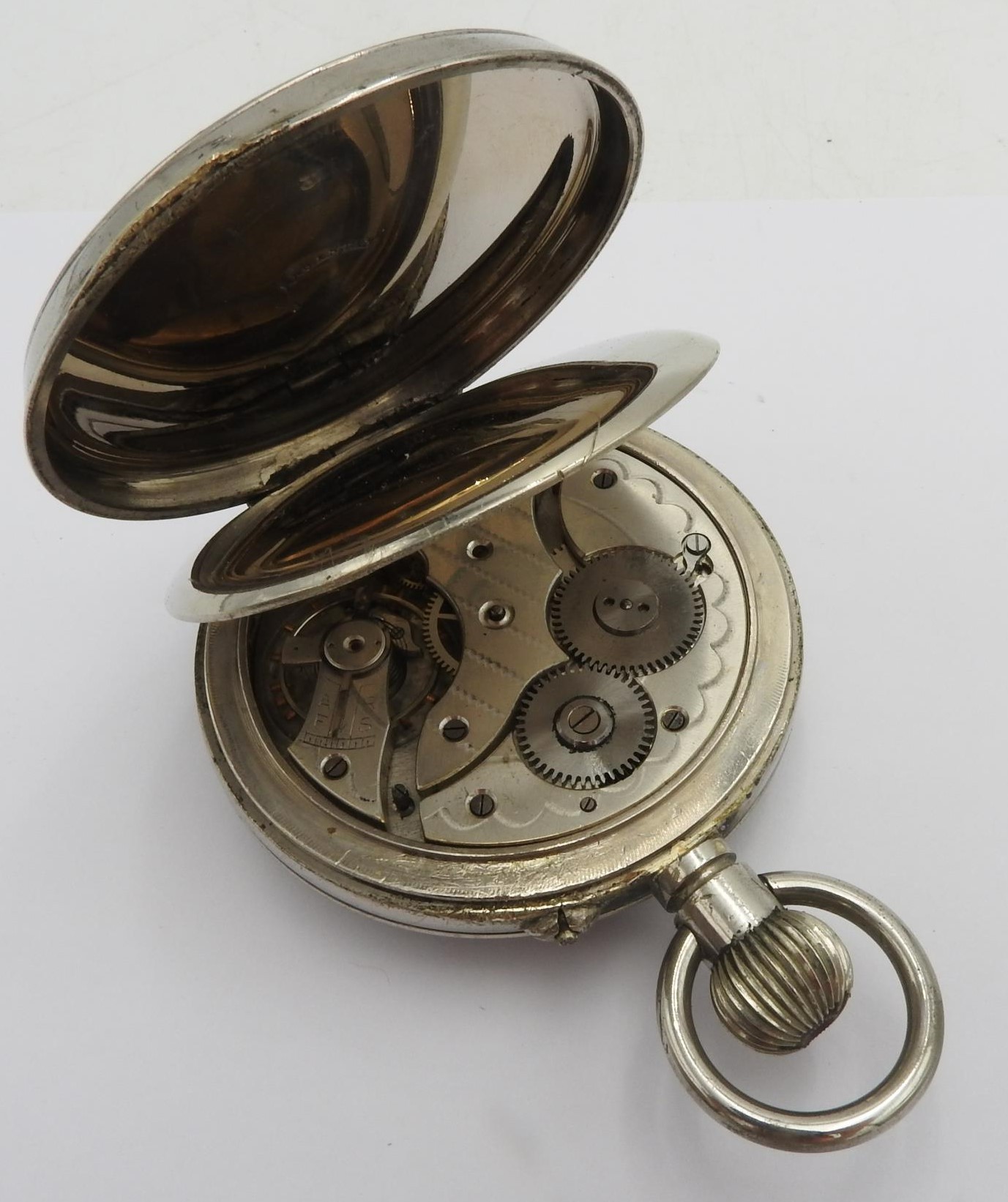 A SILVER PLATED GOLIATH POCKET WATCH IN A HALLMARK SILVER FRONTED TRAVEL CASE, the silver case - Image 4 of 4