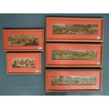 3 COLOUR LITHOGRAPHS OF HUNTING SCENES AND 2 COACHING SCENE LITHOGRAPHS, ALL IN LIMED OAK FRAMES 9cm