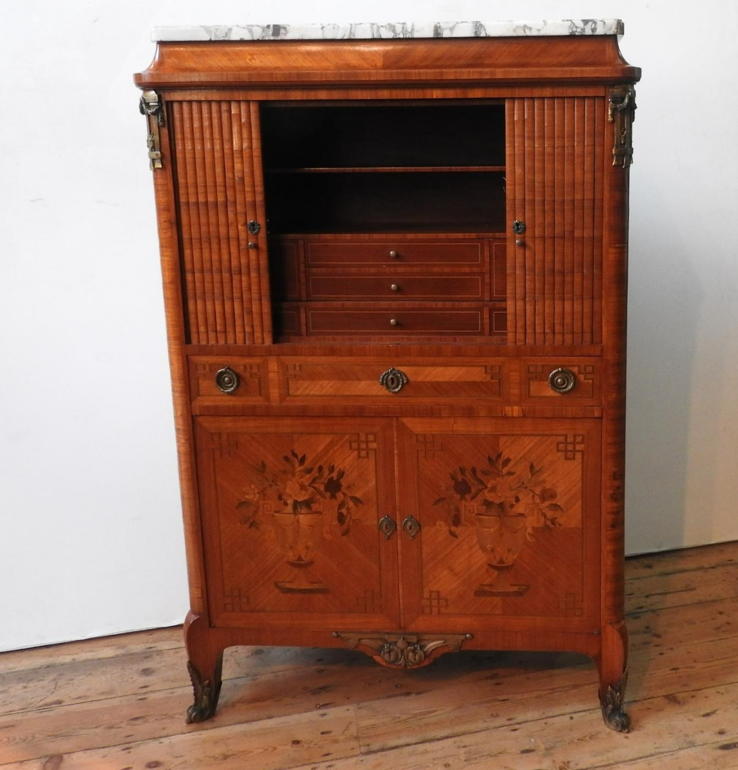 A 20TH CENTURY WALNUT VENEER LOUIS XVI STYLE SECRETAIRE, a tambour roll enclosing seven trinket