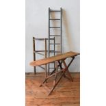A VINTAGE PINE TOWEL RAIL, RUSTIC LADDER AND PINE IRONING BOARD, the ladder 200cm high