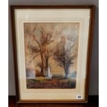 WATERCOLOUR OF TREE LINED RURAL COUNTRY LANE, signed A. ELKINS 34.5cm x 26cm