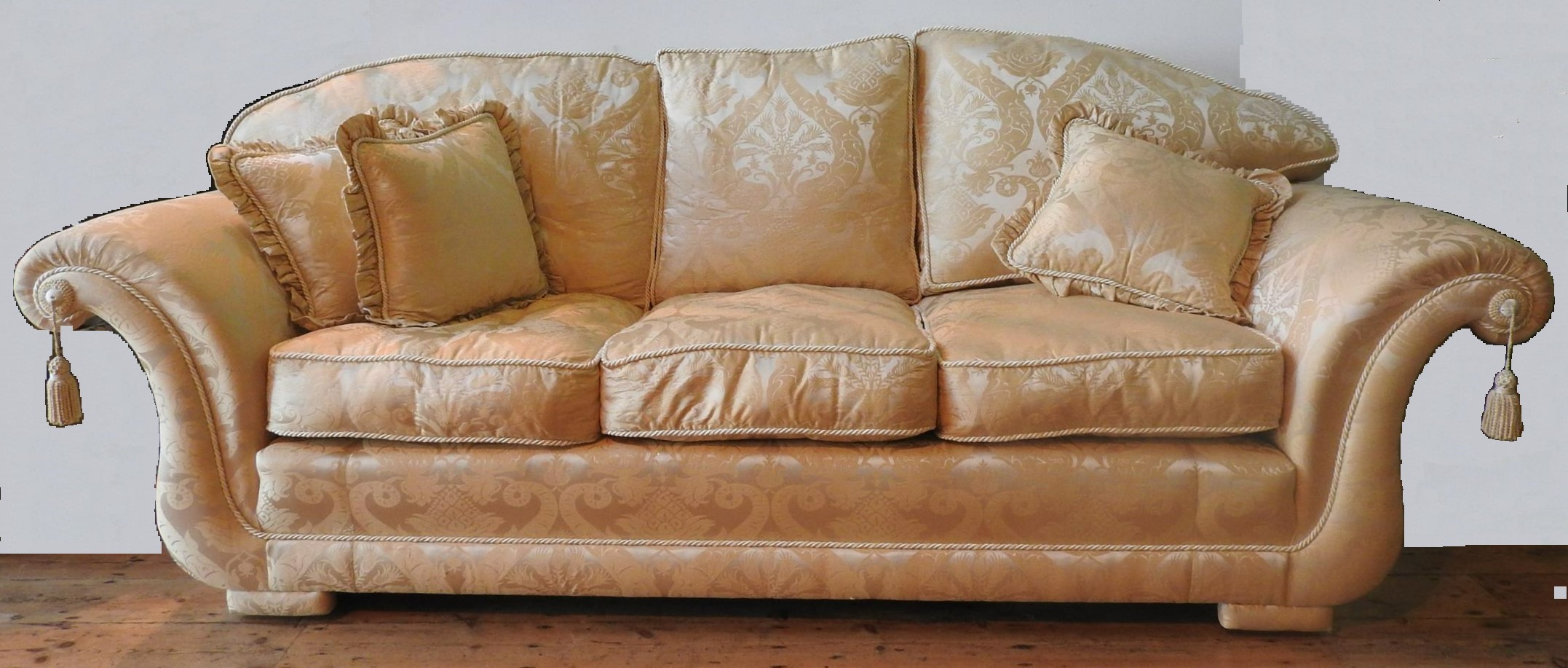 A HARRODS THREE SEAT SCROLL ARM SOFA WITH MATCHING TWO SEAT SOFA AND ARMCHAIR, the loose cushions