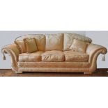 A HARRODS THREE SEAT SCROLL ARM SOFA WITH MATCHING TWO SEAT SOFA AND ARMCHAIR, the loose cushions